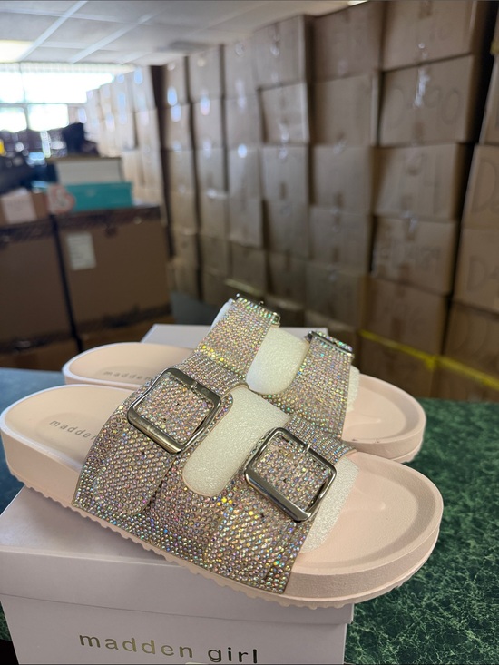Madden Girl Shoes - Madden Girl Iridescent Crystal Double-Buckle Slide Sandals - Pale Pink